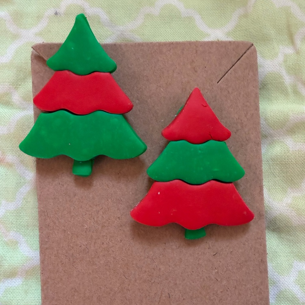 Festive Red and Green Christmas Tree Handmade Polymer Clay Earrings